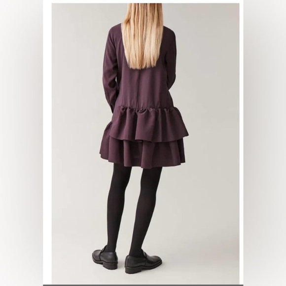 COS frilled shirt dress in deep plum color. Long sleeve button front ruffle. 10 - Picture 4 of 9